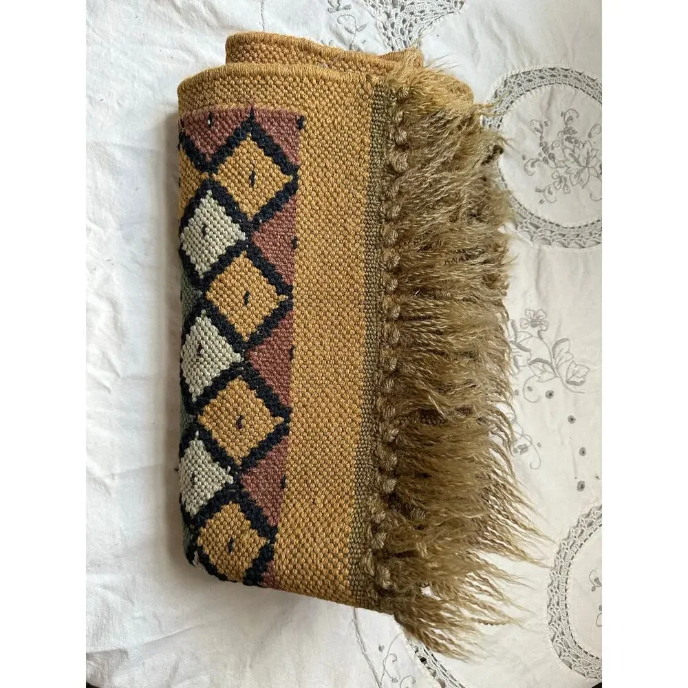 Vintage Turkish Kilim Rug Boho Aztec Rug 37x25” wool jute natural woven